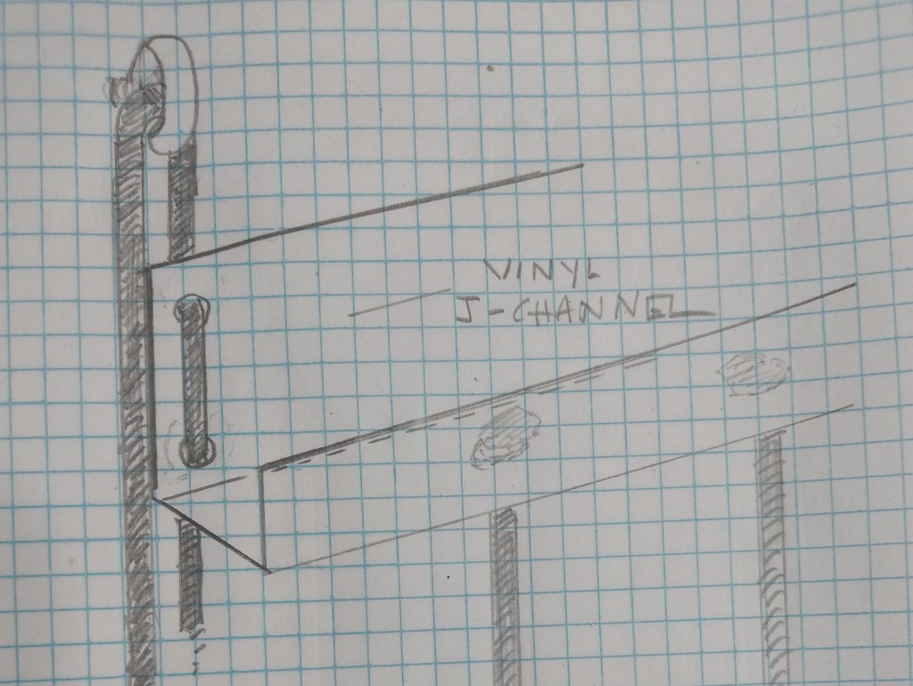 Graph paper with hand-drawn plans for J-challe that can be lifted and lowered using another set of cords and eyelets in the wall.