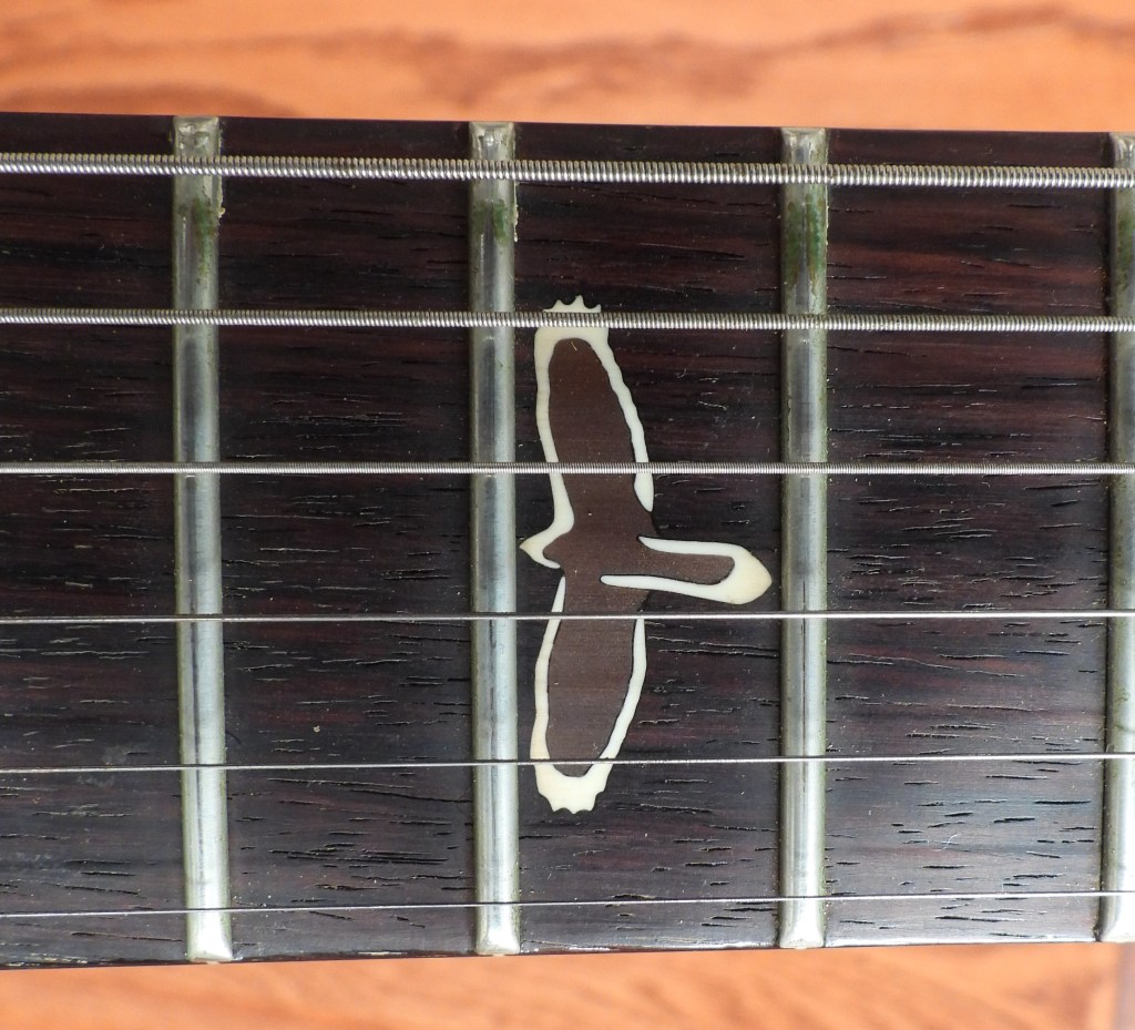 Close-up of dark (rosewood) guitar fretboard with white, accipiter-shaped inlay.